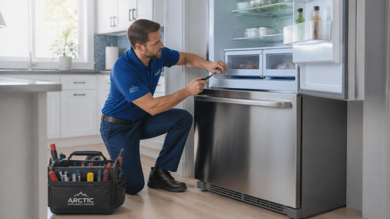 Técnico especializado consertando uma geladeira moderna em cozinha residencial